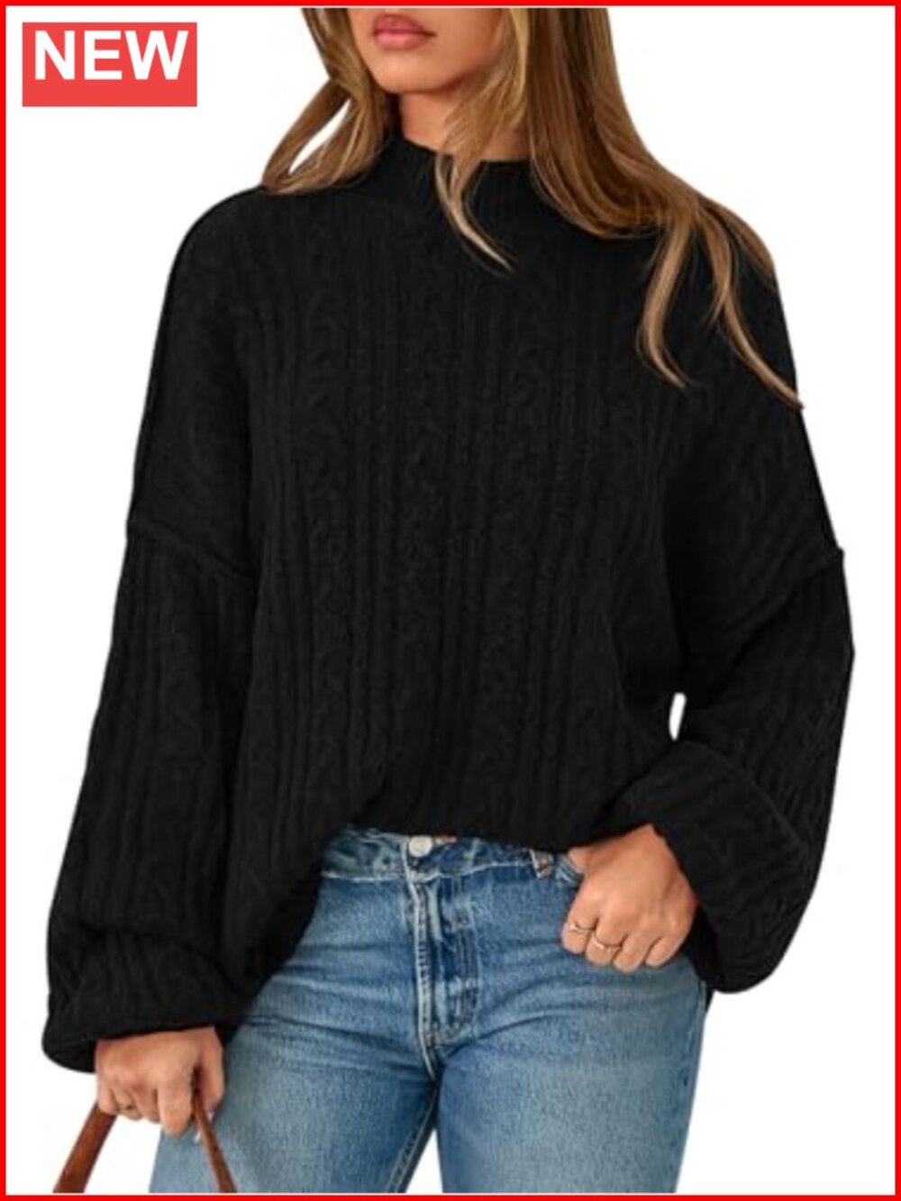 Crewneck Cable Knit Oversized Sweater with Exposed Seam Long Sleeve Pullover